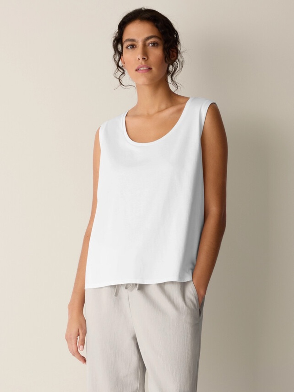 NWT EILEEN FISHER Organic Pima Cotton Jersey Scoop Neck Top in White